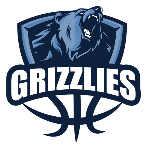A blue grizzly bear raising its head in a roar on top of the word GRIZZLIES and the outline of a basketball.