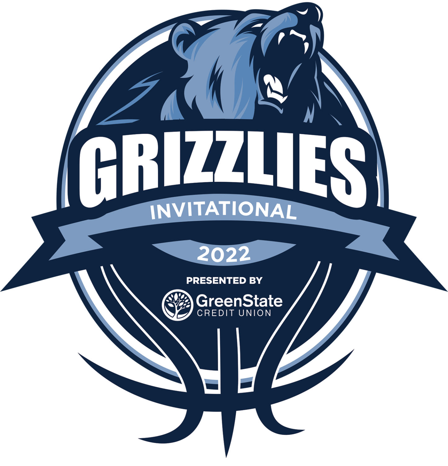 A blue grizzly bear raising its head in a roar on top of the wordS GRIZZLIES INVITATIONAL 2022 presented by GreenState Credit Union and the outline of a basketball.