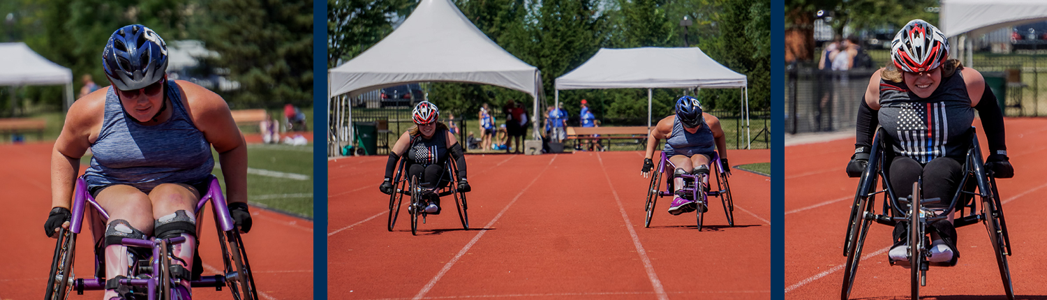 3 pictures of adaptive participants competing during the Iowa Games Track & Field event