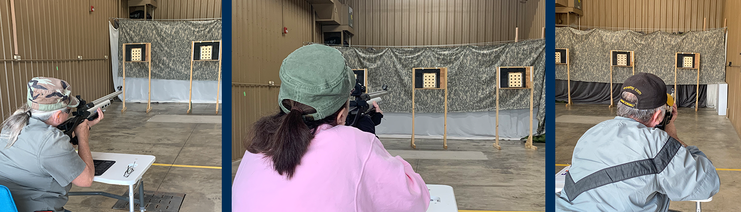 3 pictures of participants aiming their airguns at the targets in front of them