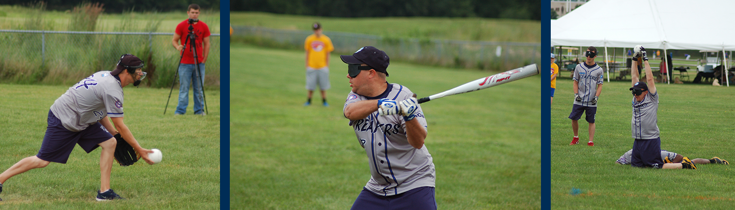 3 pictures of participants playing beep baseball. (From left to right.) A sighted pitcher tosses the ball underhand. A blindfolded batter gets ready to swing at the pitch. A blindfolded fielder throws his hands in the air after fielding the ball.