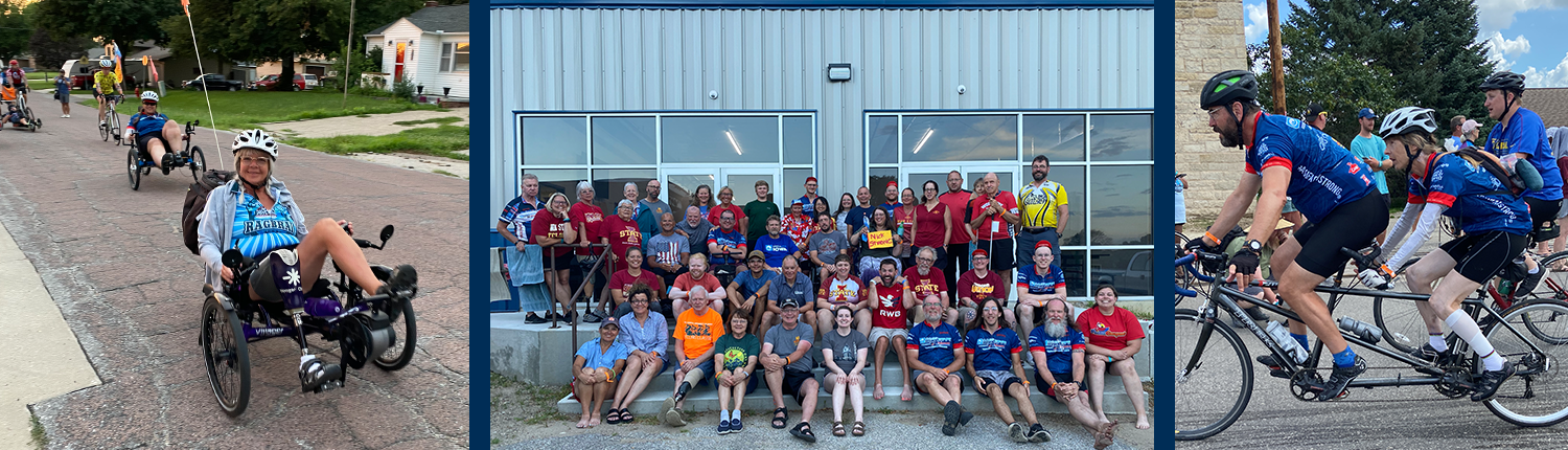 3 pictures of participants during RAGBRAI 2022. (From left to right.) An amputee rider pedals past the camera in her recumbant bike. A large group picture of the team. A blind rider on a tandem bike with a guide.