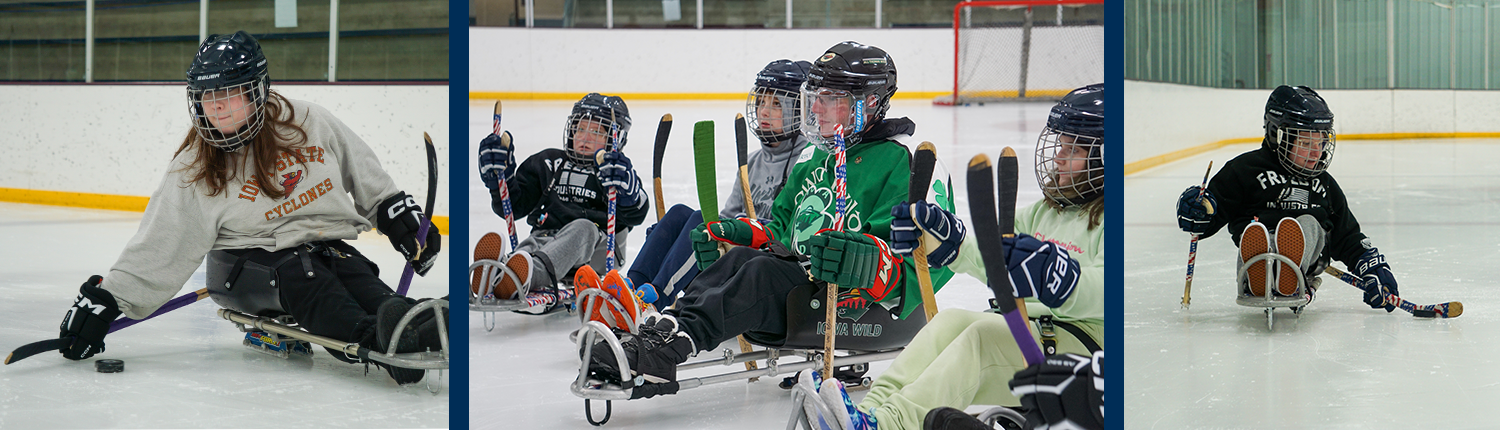 3 pictures of participants playing sled hockey on the ice.