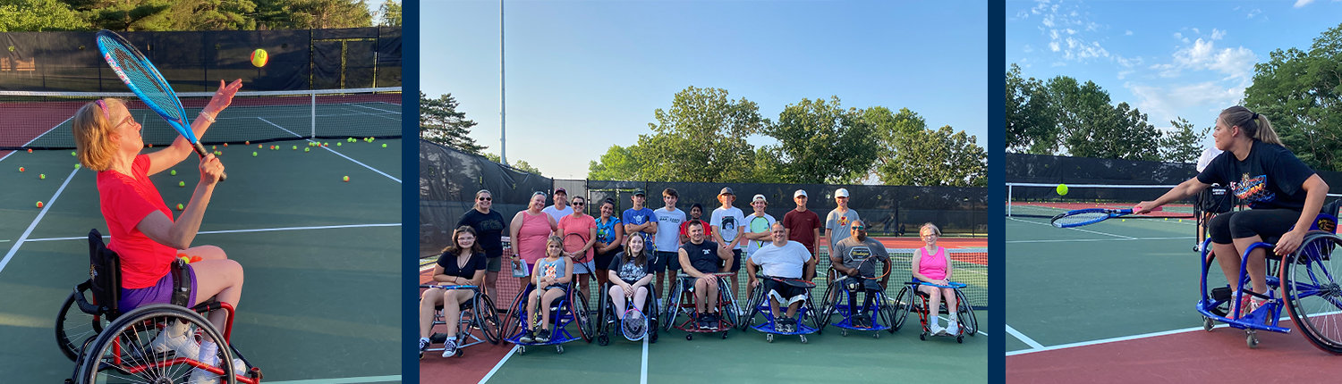 3 pictures of participants on the outdoor tennis court.