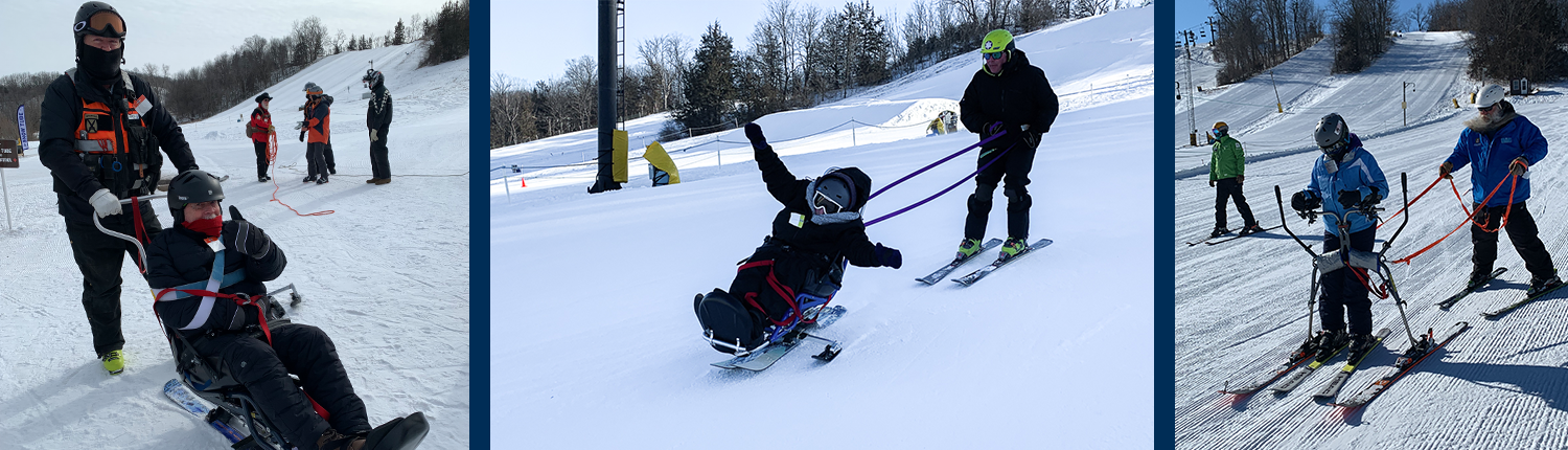 3 pictures of participants skiing in adaptive equipment at Seven Oaks